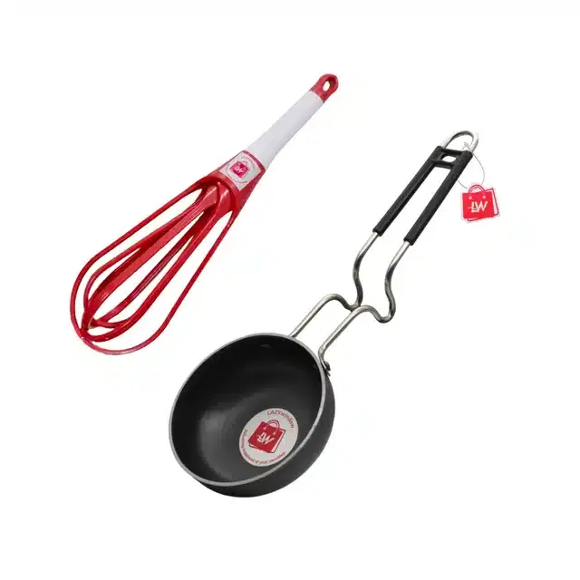 Tadka Pan & Plastic Whisker, Pack of 2, Red & Black, 250 ml