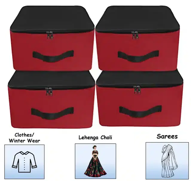 Nylon Underbed Storage Bag for Clothes with Handle, Red & Black, Pack of 4