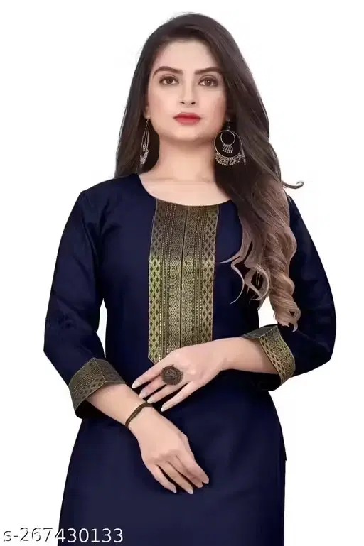 Stylish Cotton Blend Lace Printed Kurti For women, Navy Blue (L)