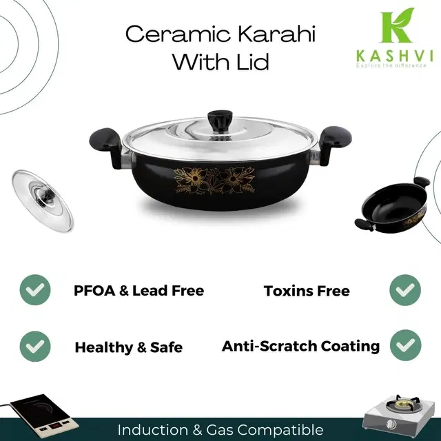 Cast Iron Kadai with Lid, Black & Silver, 28 cm