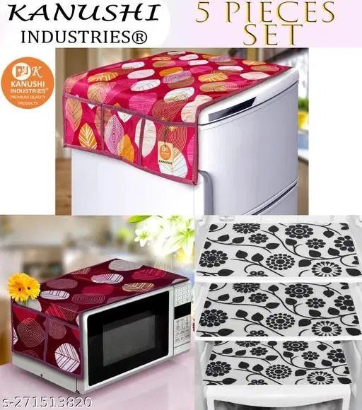 KANUSHI Industries® 1 Pc Microwave/Oven Top Cover + 1 Pc Fridge/Refrigerator Top Cover + 3 Fridge Mate (Color-Maroon) (Micro+FRI-Long-Maroon-LEVS+M-3)