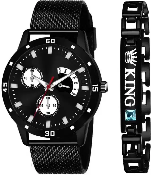 Analog Watch with Bracelet for Men, Set of 2 (Black)