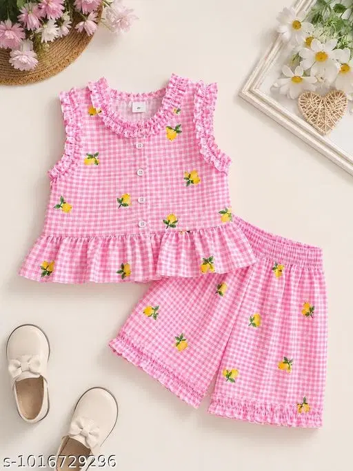 Cotton Mango Print Gingham Frill Sleeveless Top and Shorts Set for Girls (Pink, 0-1 Years)