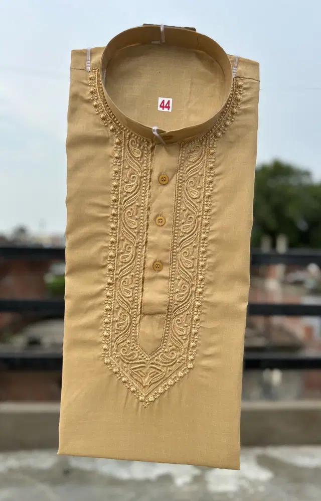 Cotton Embroidered Kurta for Men (Cream, M)