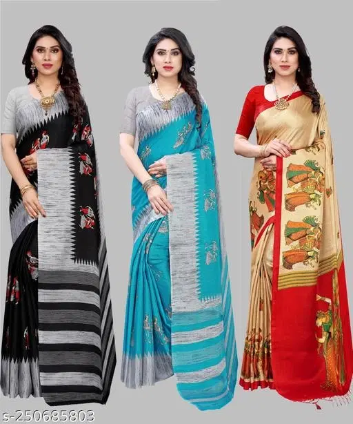 Art Silk Saree for Women, Pack of 3 (Blue, Free Size)
