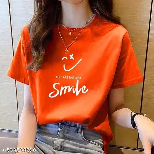 Cotton Blend Printed T-Shirt for Women, Orange (XXS)