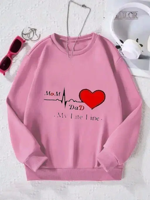 Fleece Printed Sweatshirt for Women (Pink, S)