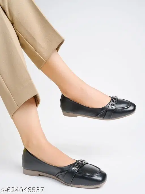 Solid Synthetic Ballerinas for Women (Black, IND-3)
