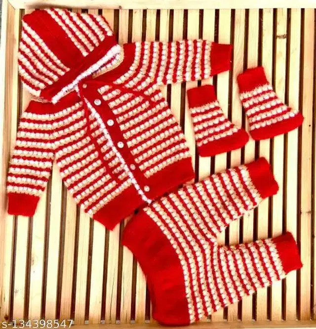 Woolen Hoodie Sweater with Pajama & Socks Set for Newborn Baby, Set of 1 (Assorted, 0-6 Months)
