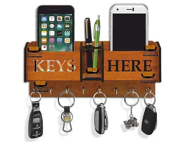 Wood 2 Pocket Mobile & Key Holder For Home Decor, Brown, NC-017
