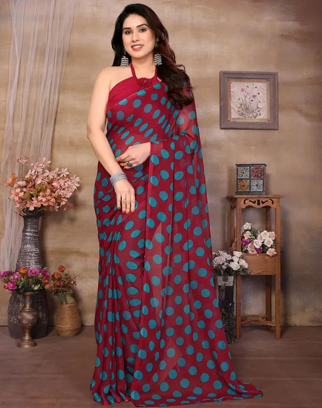 Georgette Saree for Women, Polka Dot (Maroon, Free Size)