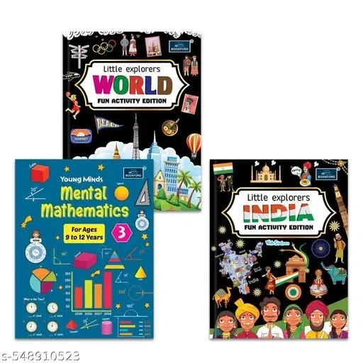 Little Explorers INDIA & WORLD Activity Editions with Stickers + Young Mind Mental Mathematics Part 3 (Age 9-12) – Set of 3 Engaging Educational Books for Kids