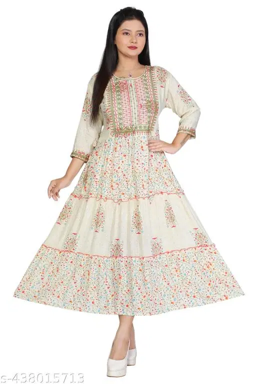 Embroidered Gown Kurti for Women (White, XL)