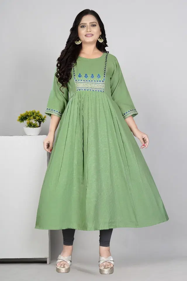 Zari Embroidered Cotton Blend Anarkali Kurti for Women (Mint Green, M)