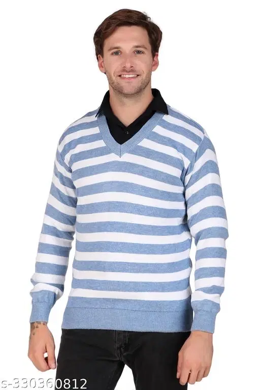 Full Sleeves Sweater for Men (Sky Blue & White, M)