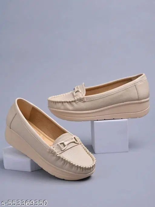 Solid Synthetic Loafers for Girls (Cream, 9-9.5 Years)