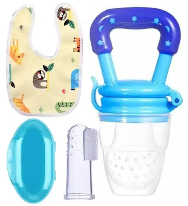 Silicone Fruit Feeder with Finger Brush & Bib for Kids, Multicolor, Set of 3