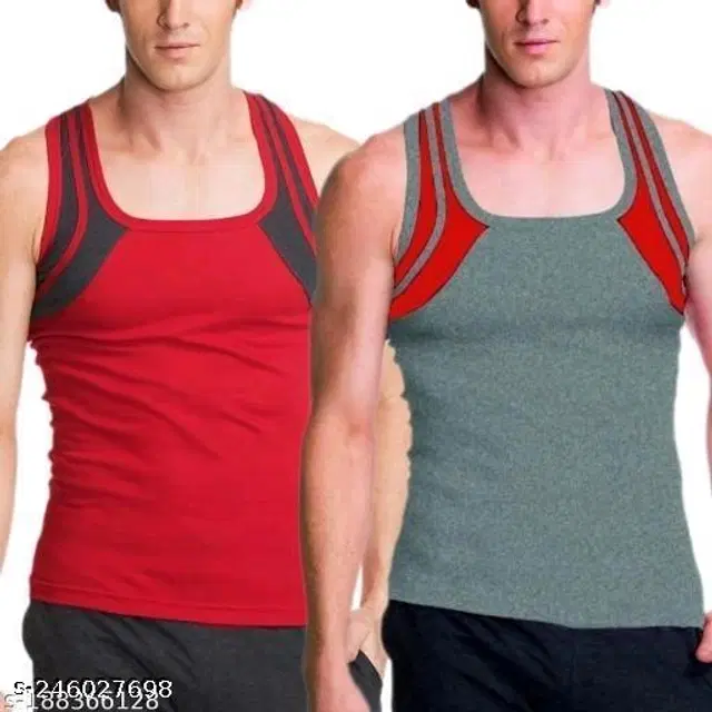 Cotton Vests for Men, Pack of 2 (Red & Grey, M)