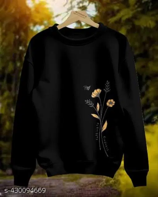 Cotton Printed Sweatshirt for Women (Black, XS)
