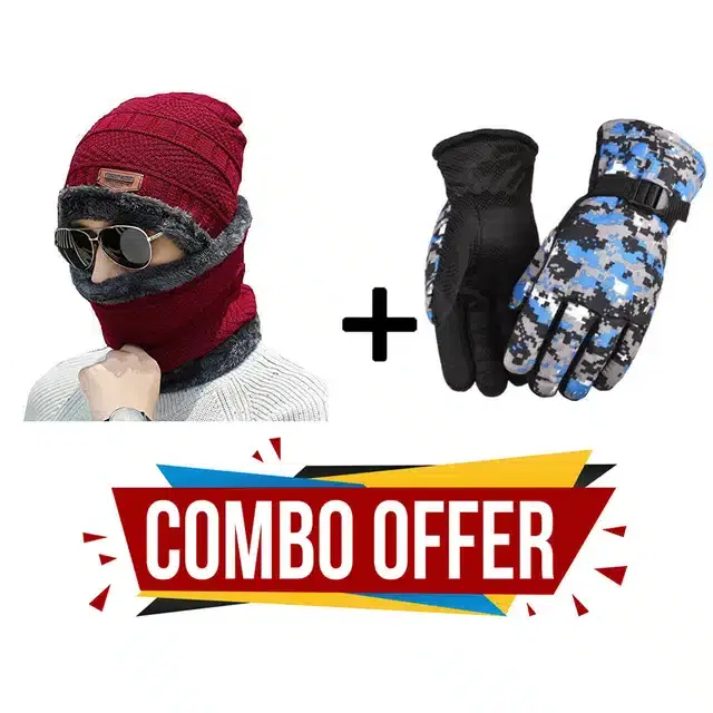Beanie Cap with Neck Warmer & Gloves for Unisex, Set of 3 (Multicolor)