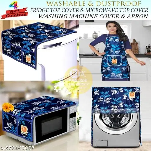 KANUSHI Industries® Washabl&Dustproof Front Load Automatic Washing Machine Cover+1 Pc Fridge Cover+1 Pc Microwave Cover+ Apron for Kitchen Front (W.M-FRONT+APRON+MICRO+FRI-BLUE-SMALL-LEVS)
