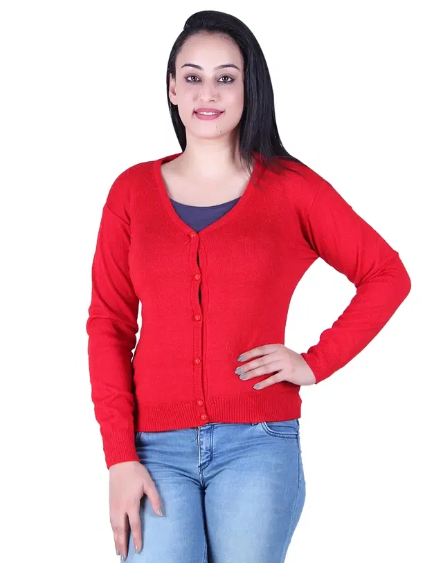 V Neck Solid Cardigans for Women (Red, M)