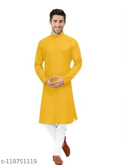 Mandarin Neck Kurta for Men (Yellow, S)
