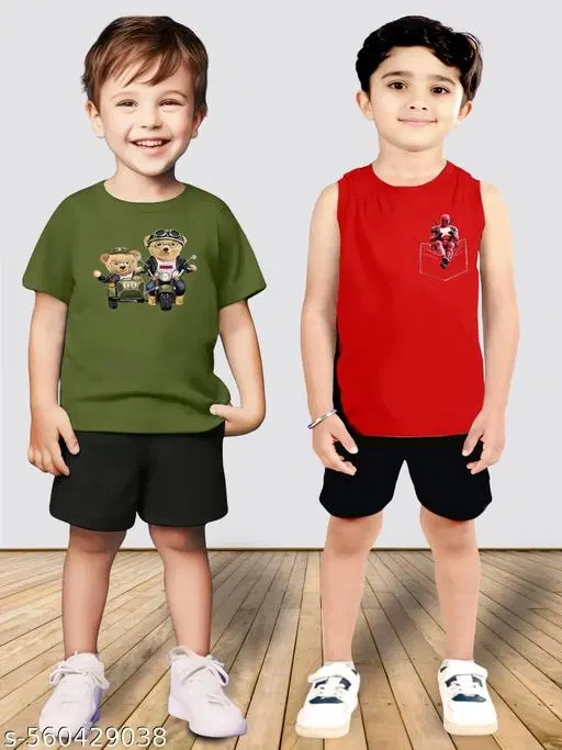 Cotton Blend Printed Clothing Set for Boys, Olive & red, Pack Of 2 (3-4 Years)