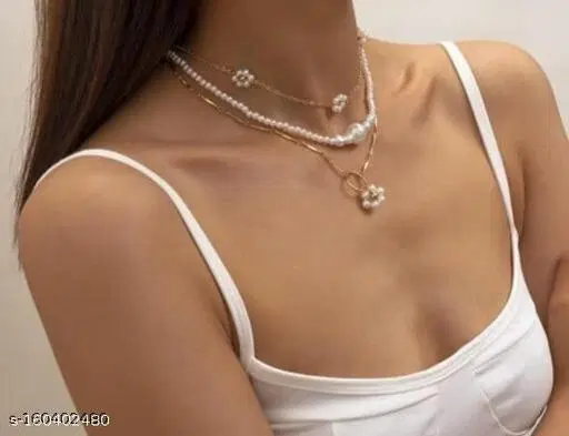 Trendy Urbanic Triple Layered Minimal Pearl Flower Necklace for Girls And Women