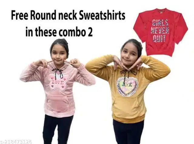 Wool Embroidered Full Sleeves Hooded Sweatshirts with Free Round Neck Sweatshirt for Girls, Set of 3 (Multicolor, 3-4 Years)