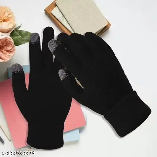 Woolen Gloves for Women (Black, Free Size)