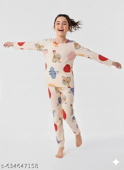 Cotton Blend Night Suit for Girls (Cream, 11-12 Years)