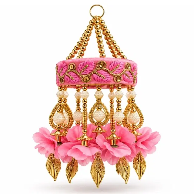 Pink Embroidered Dome Jhoomar With Floral And Golden Leaf Danglers