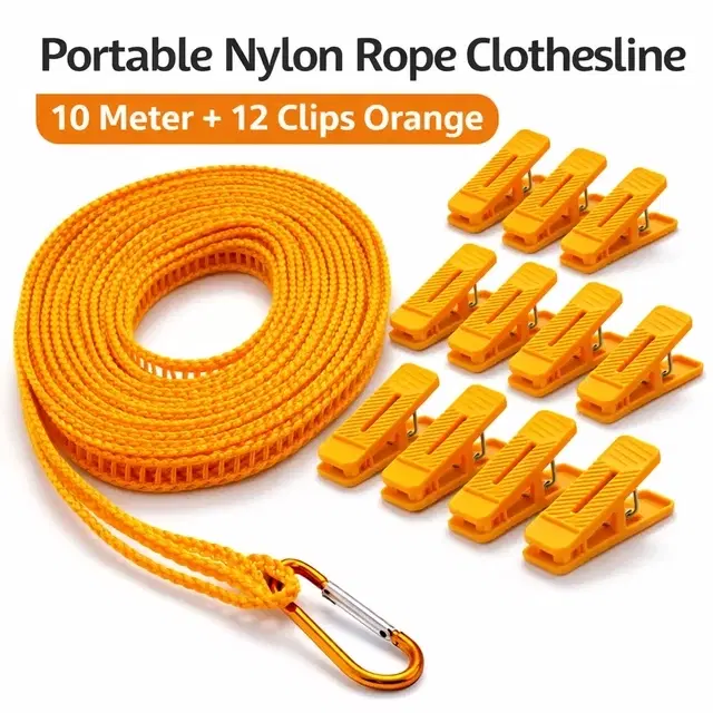 Portable Nylon Rope Clothesline 10 Meter + 12 Clips Orange