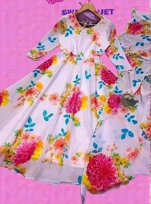 Georgette Printed Gown with Dupatta for Girls (Multicolor, M)