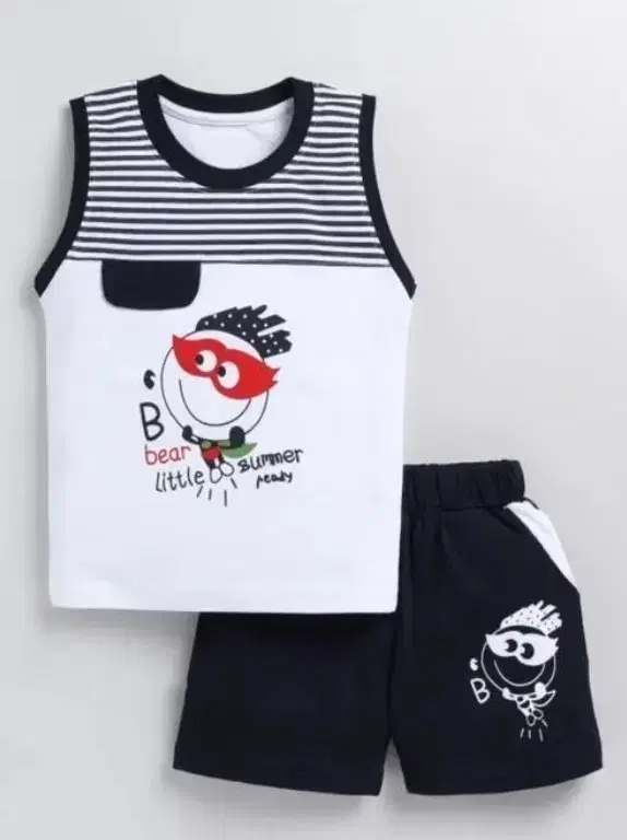 Cotton Blend Printed Clothing Set for Boys, White (2-3 Years)