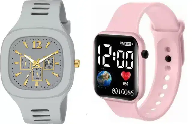 Analog with Smartwatch Combo for Men, Pack of 2 (Grey & Pink)