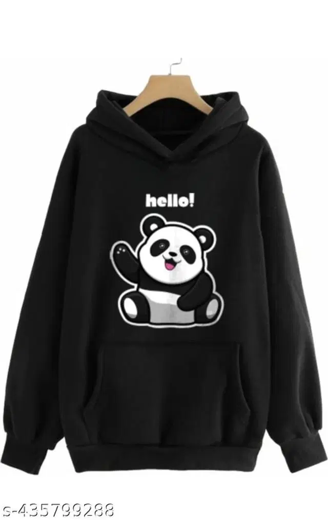 Fleece Printed Hoodie for Women (Black, S)