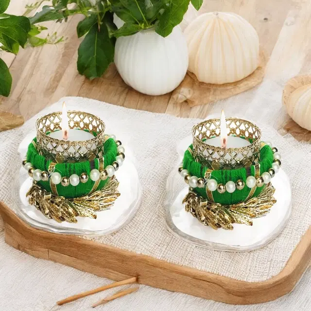 Metal Designer Tealight Candle Holder, Green, 6.5x6.5x4.5 cm, Pack of 2