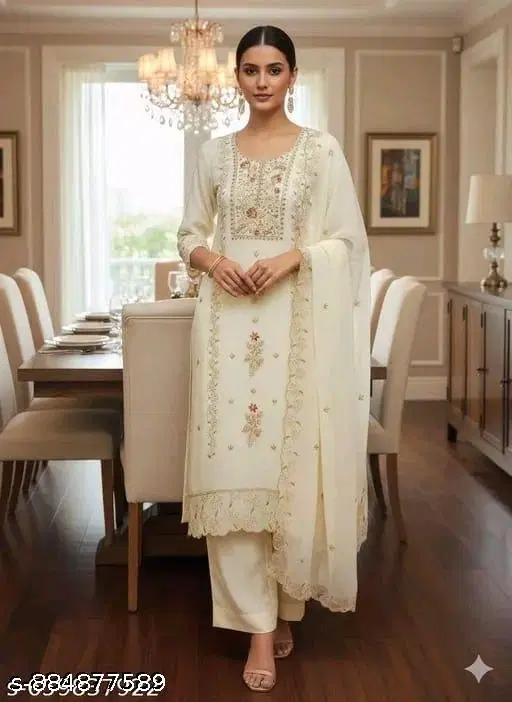 Georgette Embroidered Punjabi/All Over Suits for Women (White, Un Stitched)