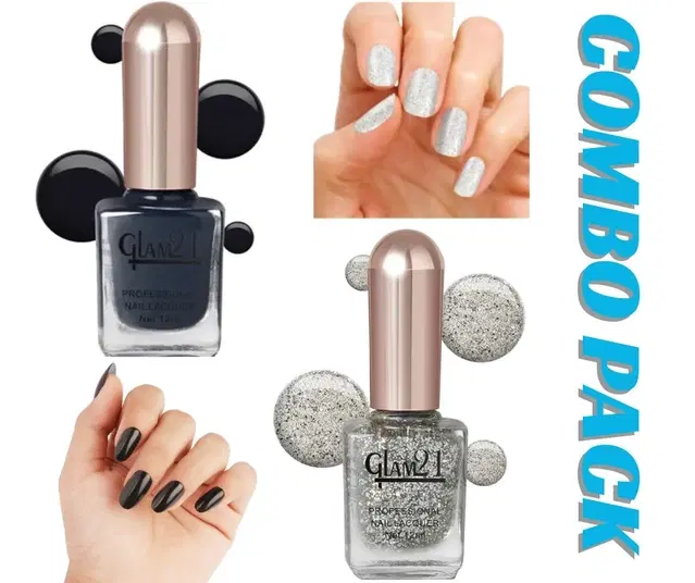 Glam21 Nail Polish, Black & Silver, Pack of 2