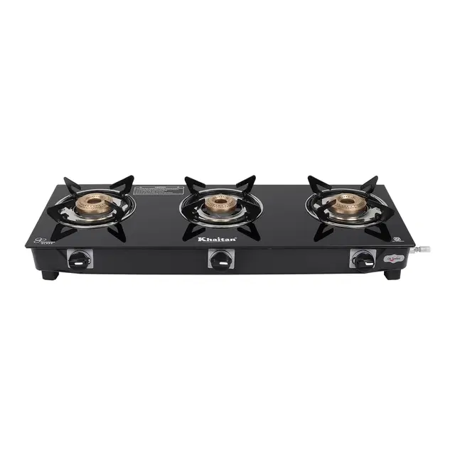 Khaitan 3 Burner Bp-Jio Black Ms Frame Toughened Glass Manual Gas Stove (3 Burners)