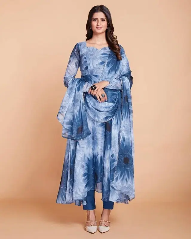Georgette Printed Gown with Dupatta for Women (Blue, S)