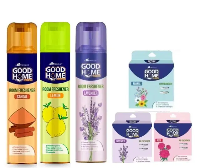 Combo of Goodhome Sandal, Lavender & Lemon Room Freshener, 130 g, Pack of 3 with 3 Pcs Free Hanging Sachet, Set of 6