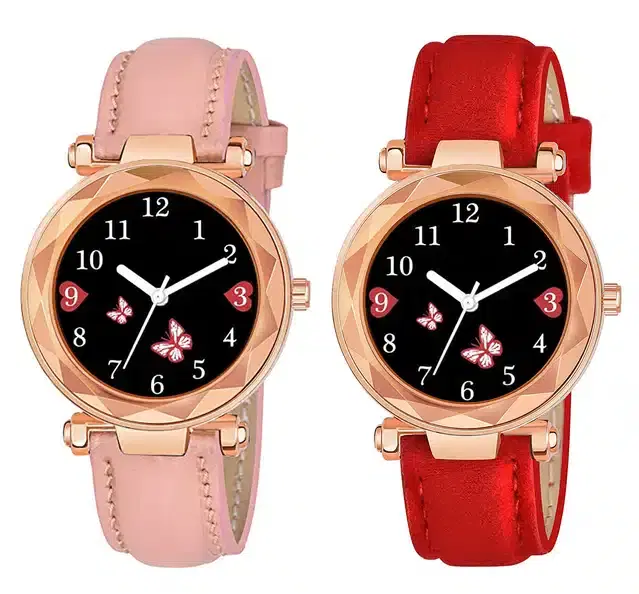 Designer Leather Analog Watch for Women & Girls, Pack of 2 (Red & Peach)