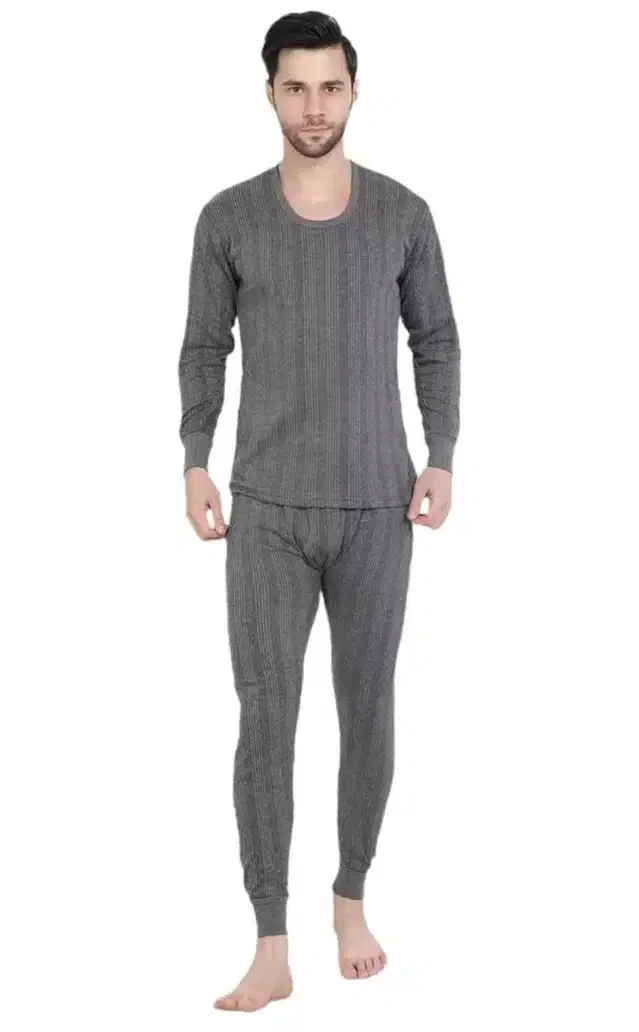 Cotton Blend Solid Thermal Set for Men (Black, S)