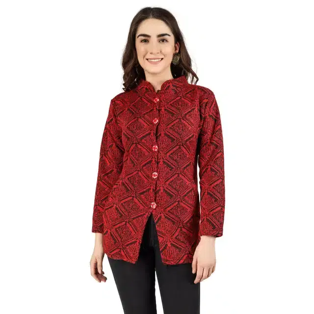 Woollen Blend Full Sleeves Cardigan for Women (Red, M)