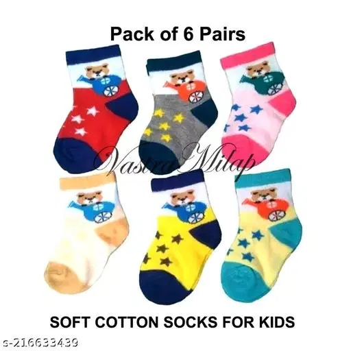 Cotton Socks for Kids, Set of 6 (Multicolor, 0-3 Months)