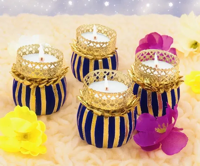 Metal Designer Tealight Candle Holder, Blue, 4x4x5.5 cm, Pack of 4