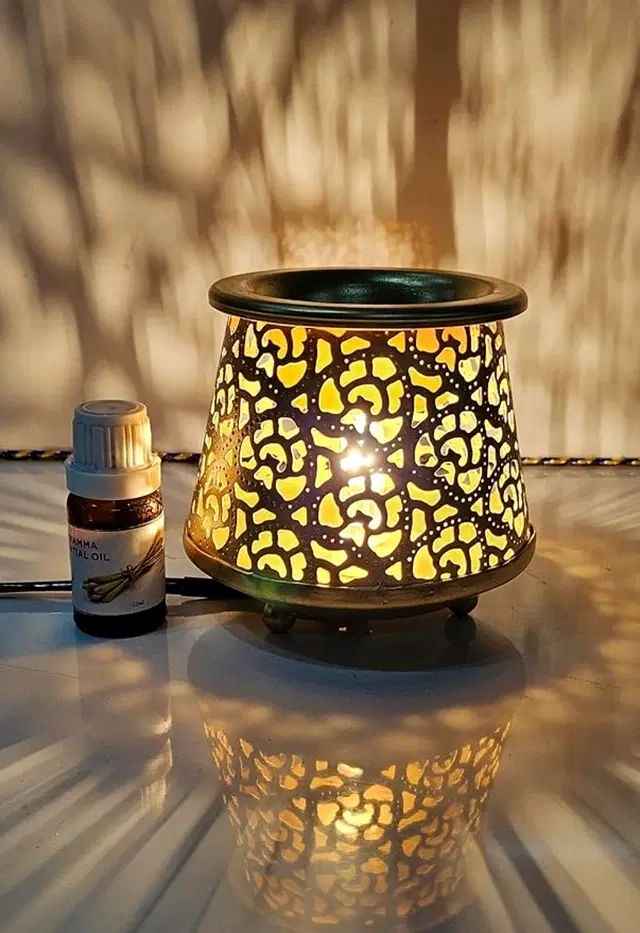 Metal Decorative Electric Moroccan-Style Oil Burner with Oil, 10 ml, Gold, Set of 1